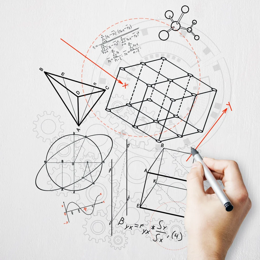 Hand drawing of geometric shapes, algebra formulas, and 3D cube diagrams illustrating math tutoring concepts and problem solving skills.